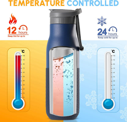 Insulated Stainless Steel Water Bottles with Straw, Wall Vacuum Insulated Water Bottle for Gym Traveling Camping Hiking Outdoor Activity(2 Cleaning Brushes+1 Carabiner, 18 oz Blue)