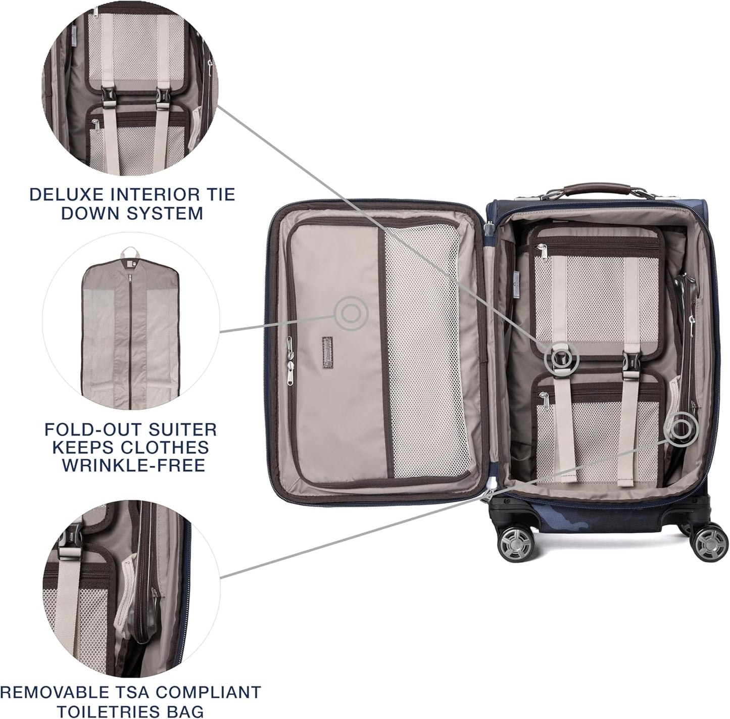 Travelpro Platinum Elite Softside Expandable Carry on Luggage, 8 Wheel Spinner Suitcase, USB Port, Suiter, Men and Women, Navy Camouflage, Carry On 21-Inch