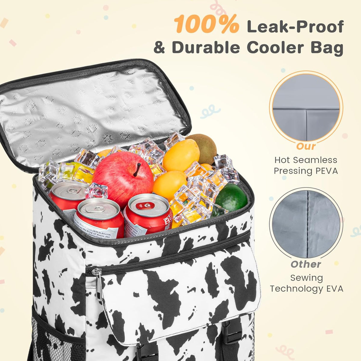 Cooler Backpack Soft Insulated Leak Proof 30 Cans Insulated Backpack Cooler Portable Picnic Camping Beach Hiking BBQ Lunch Backpack for Men and Women -Cow Color