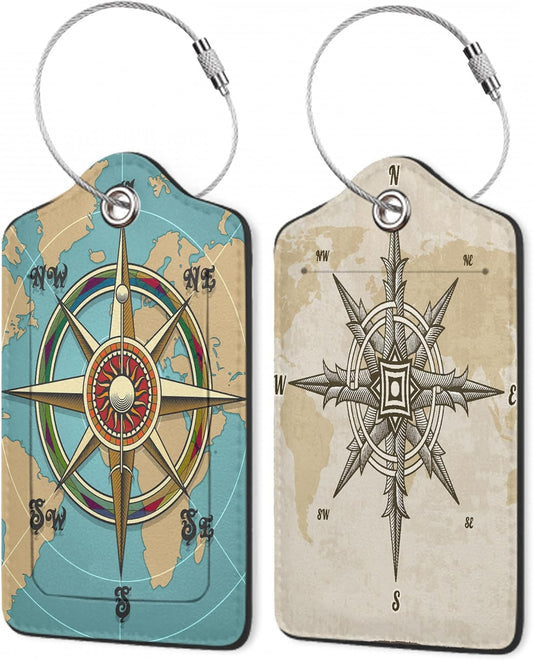 Retro World Map Luggage Tags for Suitcase,Nautical Compass Luggage Tags of Set 2 Leather Identifiers Privacy Cover with Stainless Steel Loop for Women Men Travel Bag Suitcase