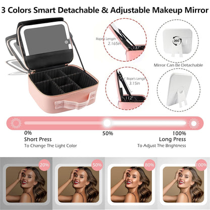 MOMIRA Travel Makeup Bag Cosmetic Bag with Lighted Mirror, Adjustable Brightness in 3 Color Scenarios, Waterproof, 10x Magnifying Mirror, Rotatable Independent Light Mirror- Pink(Solid)
