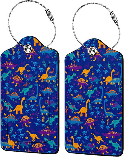 Funny Dinosaurs and Trees 2 Pack Luggage Tag for Suitcase, Leather Bag Tags Identifiers Privacy Cover ID Label with Steel Loop for Women Men Kids Girls Travel