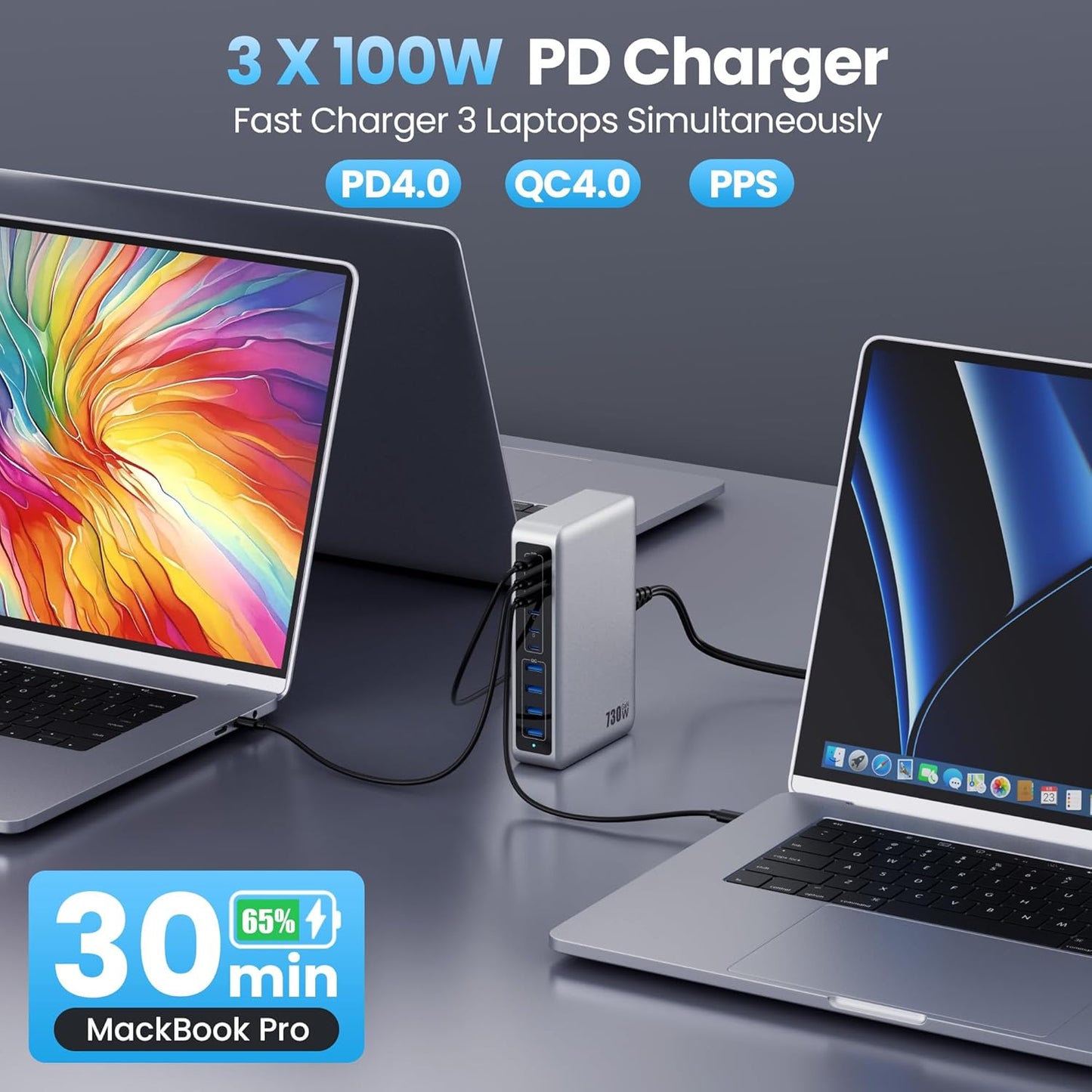 730W USB C Charger Block,10-Ports GaN V Fast Charging Station Hub,QC4.0+3 PD 100W Laptop Charger Wall Power Adapter for MacBook Pro/Air,DELL,iPhone 17/16/15/14,iPad,Galaxy S25,Pixel,Steam Desk-Silver