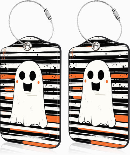 Halloween Set of 2 Luggage Tags Cute Ghost on Black and White Stripes Luggage Tags for Suitcases Leather Suitcase Tags with Privacy Name Address Label and Stainless Steel Loop for Women Men Travel Bag