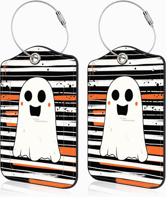 Halloween Set of 2 Luggage Tags Cute Ghost on Black and White Stripes Luggage Tags for Suitcases Leather Suitcase Tags with Privacy Name Address Label and Stainless Steel Loop for Women Men Travel Bag