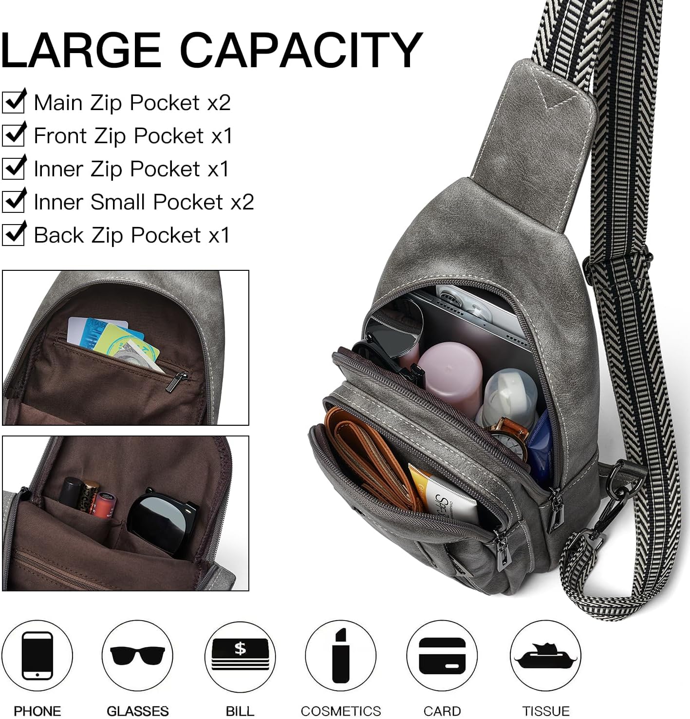 7L Sling Bag for Women Men Leather Small Sling Backpack Daypack Anti Theft Fanny Pack Crossbody Purse Travel