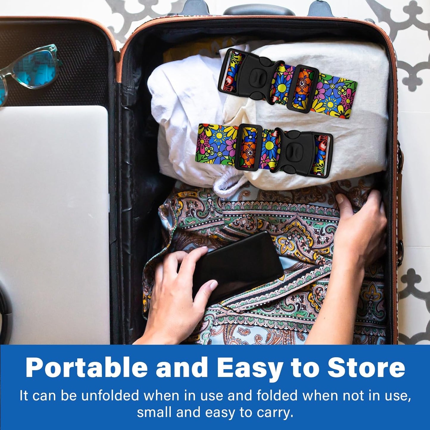 2 Pack Luggage Straps for Suitcases, Adjustable Travel Belt with Double Lock and Quick Release Buckle, Heavy Duty Nylon Bag Packing Strap, Bright Identifiers Business Travel Accessories-Sun Flowers