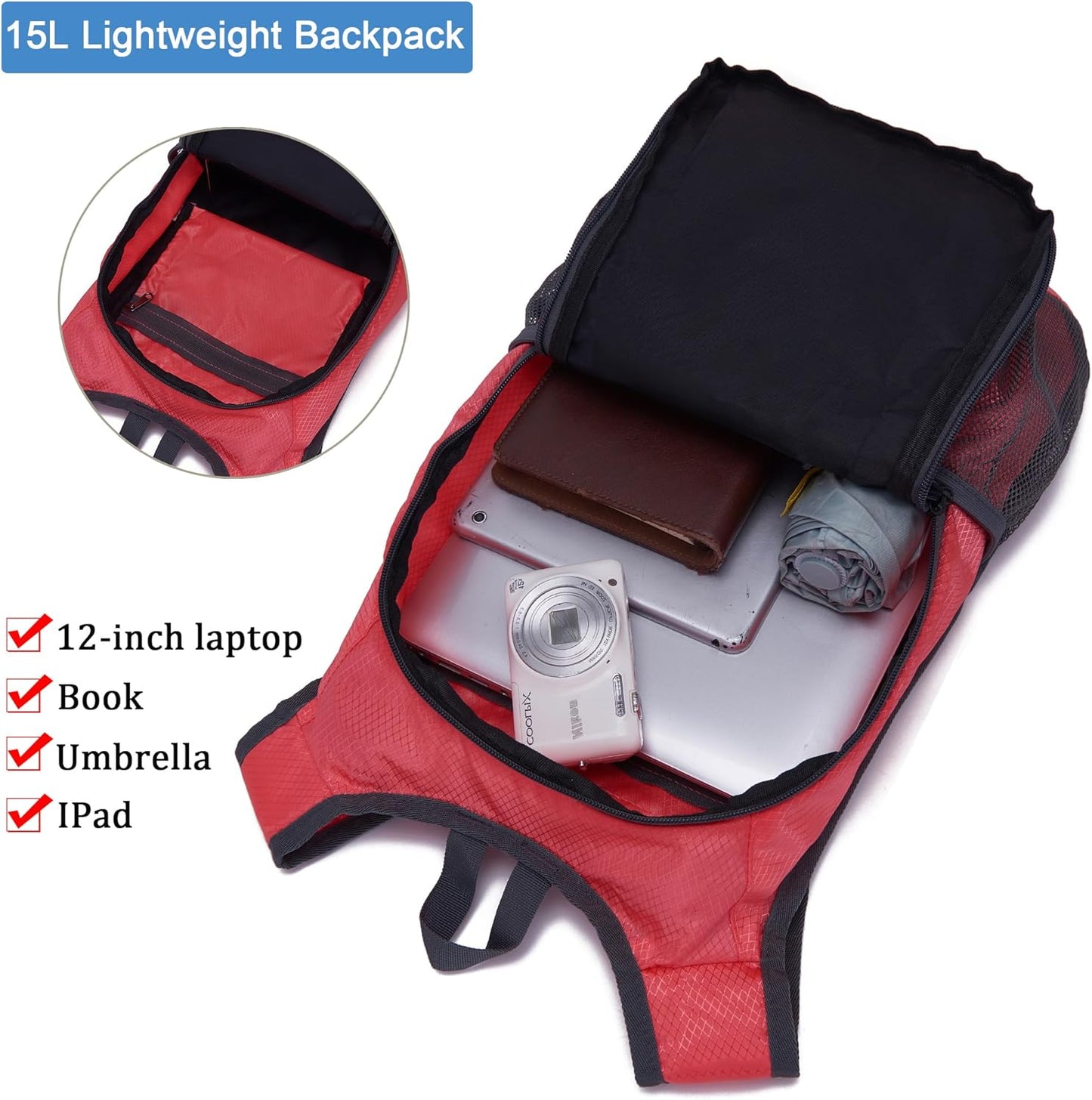 YZAOLL Small Hiking Backpack 15L Lightweight Packable Outdoor Hiking Daypacks for Women Men Travel Camping,Red