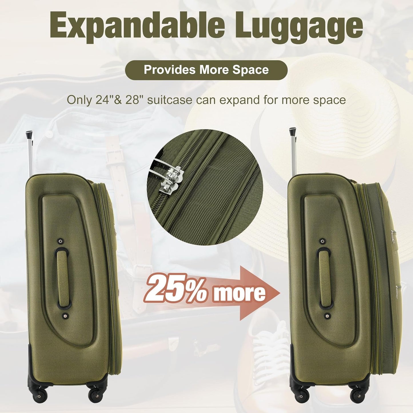 Merax Softside Luggage Set Softshell Lightweight 3 Piece Spinner Suitcase with Duffel Bag Expandable Upright Travel Luggage 22" 26" 30",Army Green
