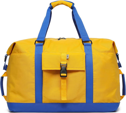 SUNNY BIRD Duffel with Utility Pouch, 40L Weekender Overnight Bag with Shoe Compartment for Travel and Sports (Yellow and blue)