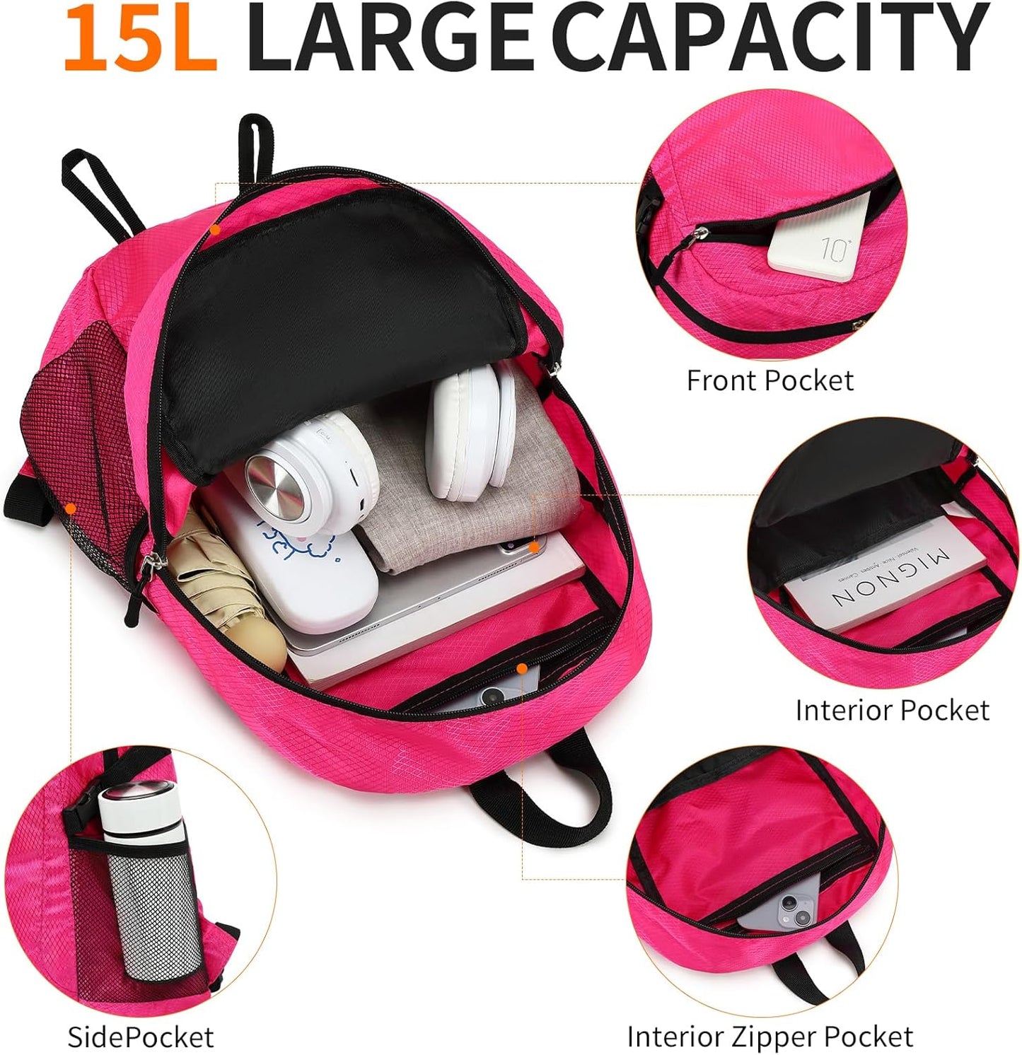 Small Hiking Daypack,15L Waterproof Hiking Backpack Packable Lightweight Travel Day Pack for Women Men (Pink, Small)