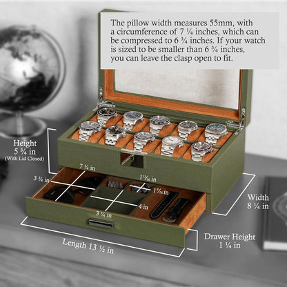 ROTHWELL 10-Slot Watch Box in Leather with Valet Drawer, Luxury Watch Case Display Organizer with Ultra Soft Microsuede Liner, Jewelry and Sunglass Holder With Large Glass top (Green/Tan)