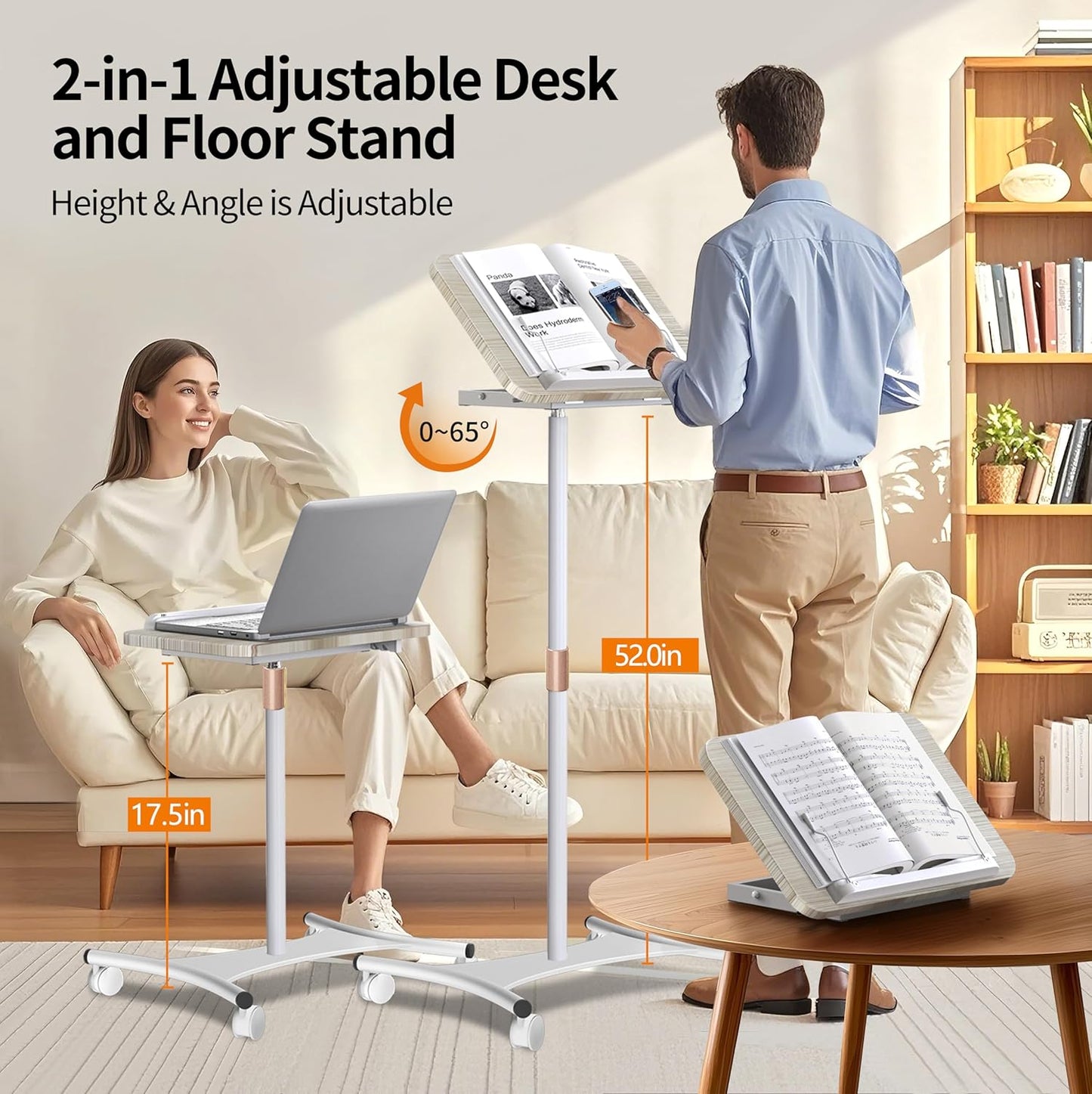 NAMON Laptop Floor Stand with Wheels - 2 in 1 Dual-use Floor & Desk, Adjustable Height from 16.5" to 51", Perfect for Home, Office, Meeting Room, Study (White Ash Effect)