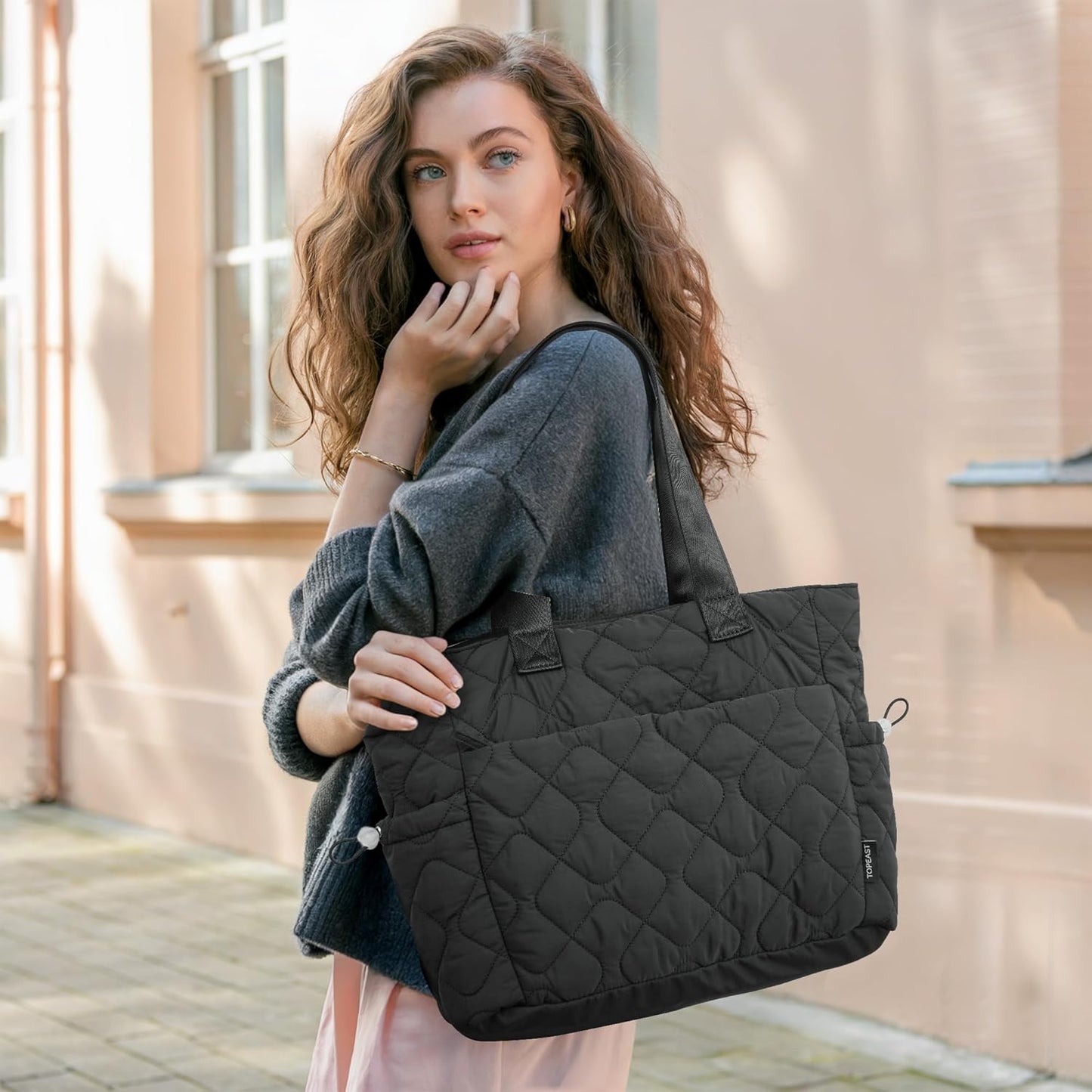 TOPEAST Tote Bag for Women, Large Puffer Tote Bag with Zipper, Lightweight Work Bags for Women, Quilted Bags for Nurse Travel