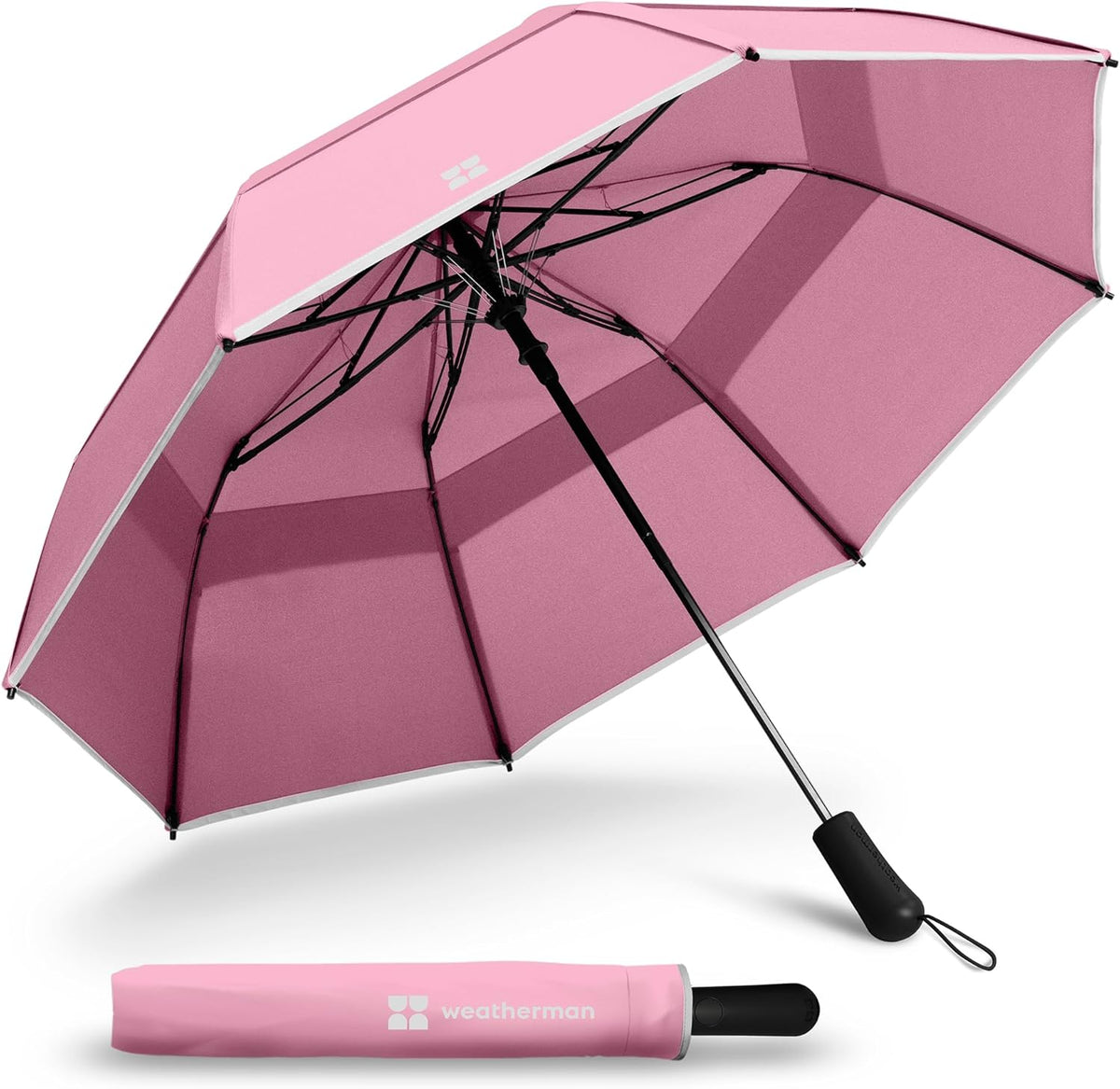 Weatherman Premium Collapsible Travel Umbrella - Windproof, Compact, Easy Auto Open - Resists Up to 55 MPH Winds - Perfect for Rain, Wind, Backpack, Car - Folding Umbrella (Blush)