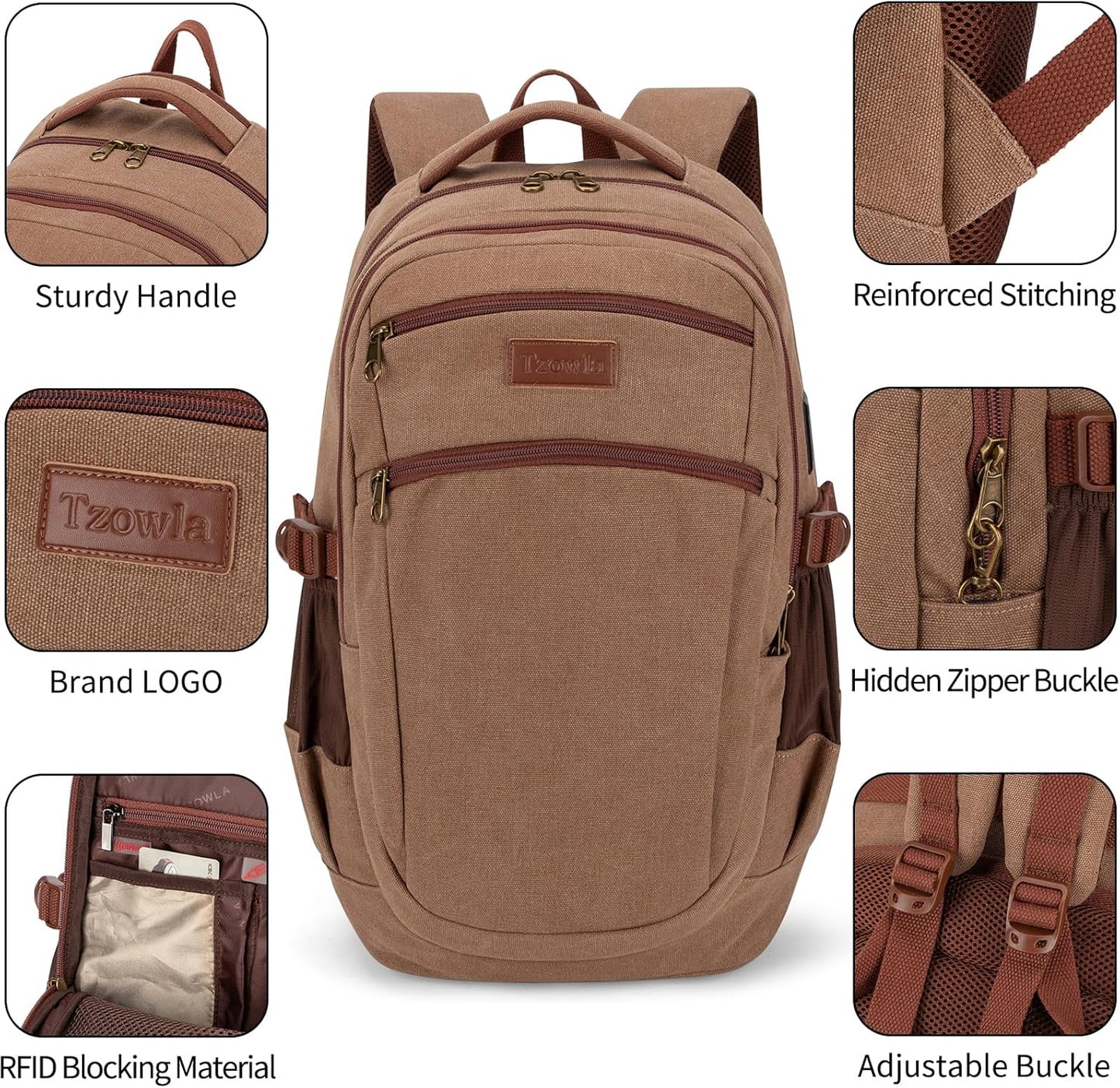 Tzowla Vintage Canvas Laptop Backpack for Men and Women,College Travel Work Rucksack with USB/Type-C Charging Port,Lightweight Bookbag Hiking Casual Daypack Backpacks Fit 15.6 Inch Notebook(Brown)