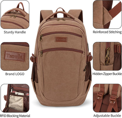 Tzowla Vintage Canvas Laptop Backpack for Men and Women,College Travel Work Rucksack with USB/Type-C Charging Port,Lightweight Bookbag Hiking Casual Daypack Backpacks Fit 15.6 Inch Notebook(Brown)