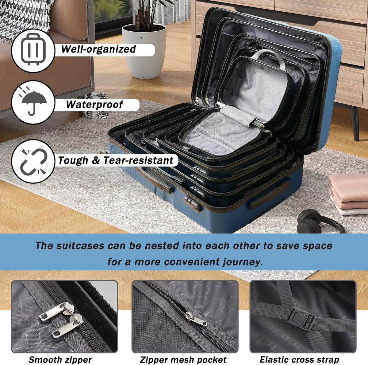 Merax Luggage Sets 6 Piece Hardshell ABS Suitcases with 8 Silent Spinner Wheels Durable and Lightweight Travel Luggage for Family Trips Ink Blue