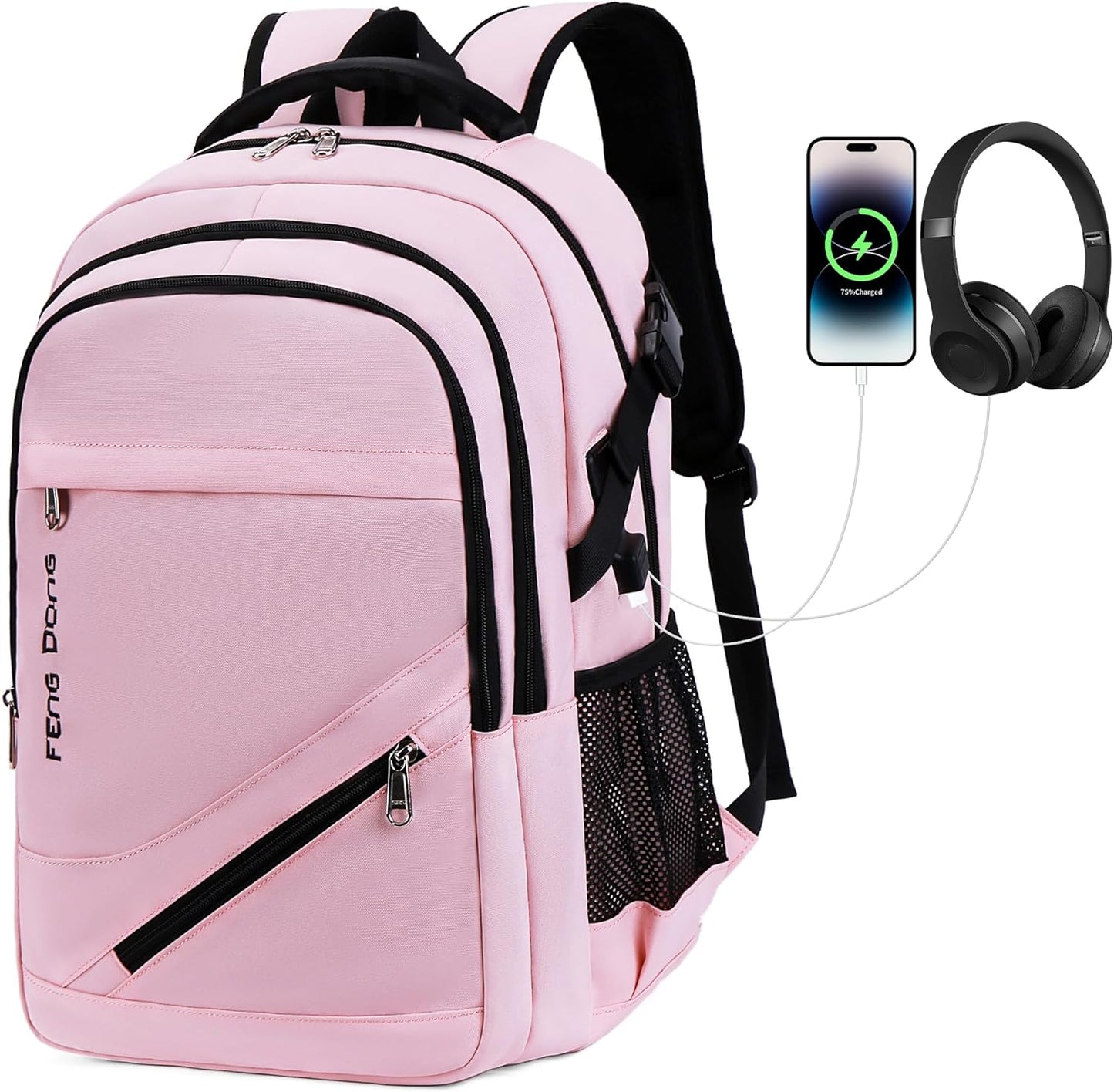 FENGDONG Large Laptop Backpack 17.3 inch Waterproof Travel College Backpack Bookbag,Crossbody Sling Bags for Men & Women Business Backpack Light Pink