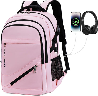FENGDONG Large Laptop Backpack 17.3 inch Waterproof Travel College Backpack Bookbag,Crossbody Sling Bags for Men & Women Business Backpack Light Pink