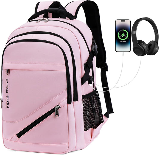 FENGDONG Large Laptop Backpack 17.3 inch Waterproof Travel College Backpack Bookbag,Crossbody Sling Bags for Men & Women Business Backpack Light Pink