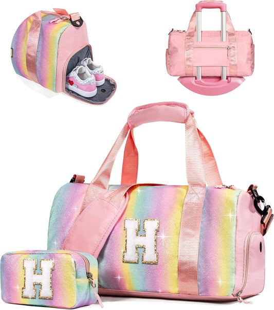 Gifts for Daughter-Girl Gym Bag with Shoe Compartment, Kid Personalized Weekender Overnight Bags, Initial Travel Tote with Makeup Pouch, Gift for Granddaughter Sister Niece (Letter H)