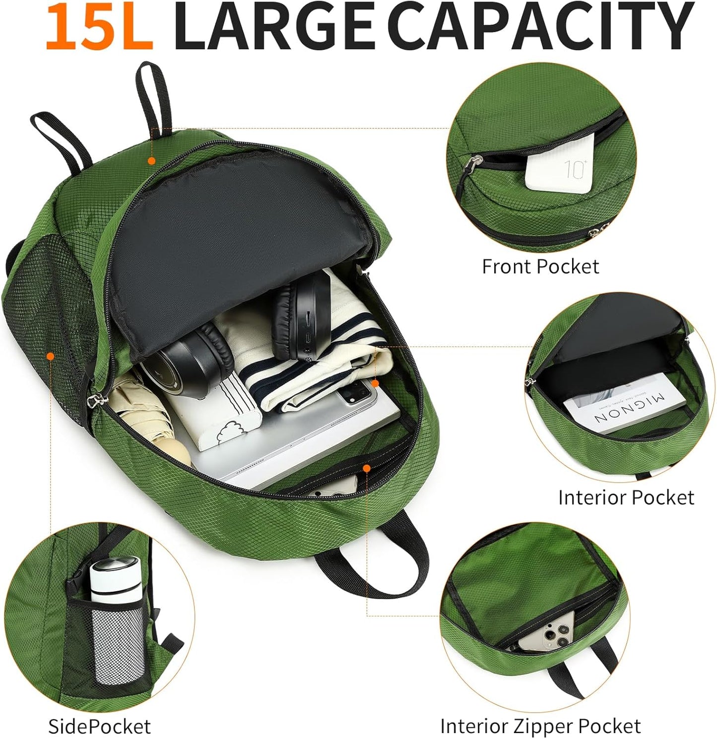 Small Hiking Daypack,15L Water-Resistant Hiking Backpack Packable Lightweight Travel Day Pack for Women Men (Green, Small)