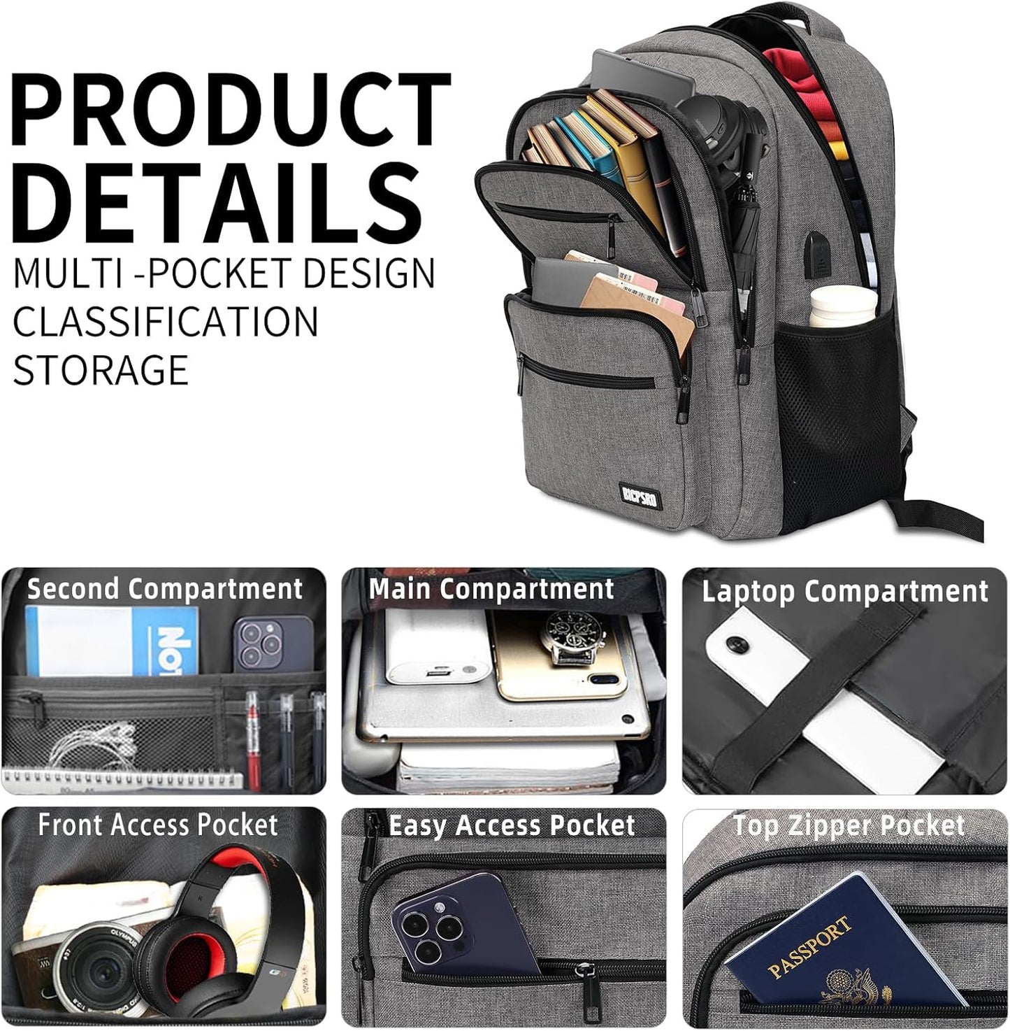 Backpack for School, School Backpack for Boys Girls Teens, College Book Bag, Water Resistant Bookbag, Back Pack for Men Women, Business Work Travel Grey