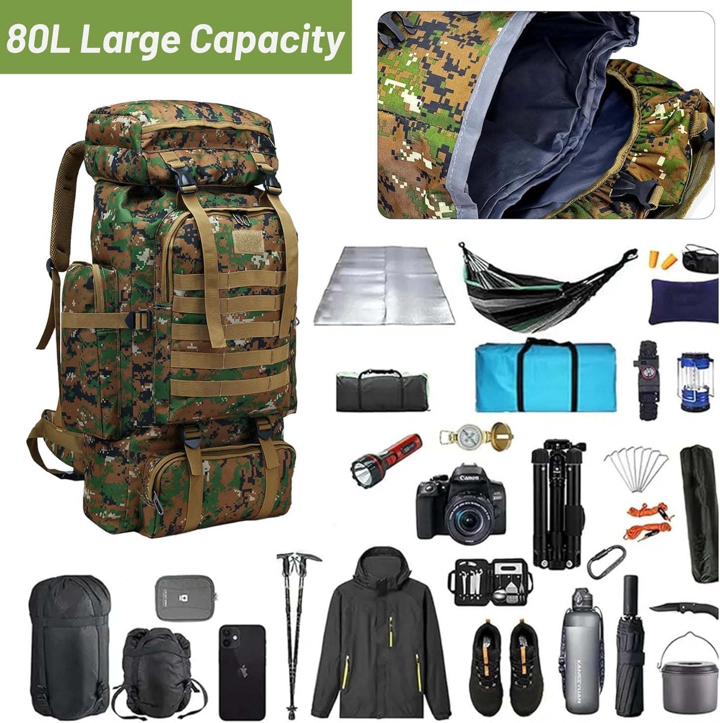80L 2Pcs Hiking Backpack for Men with Sling Tactical Backpack - Rucksack Molle Military Tactical Waterproof Lightweight Camping Backpack 3 Day Assault Pack for Travel, Climbing, Backpacking