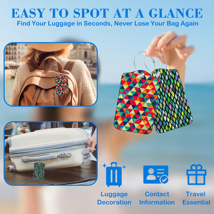 Watercolor Rhombus and Colored Triangle Luggage Tags for Suitcases Leather Travel Tags for Luggage ID Label with Privacy Cover and Stainless Steel Loop for Men Women Suitcase Backpack, Set of 2