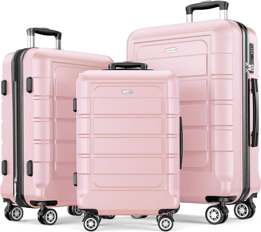 SHOWKOO Luggage Sets Expandable PC+ABS Durable Suitcase Sets Double Wheels TSA Lock Pink 3pcs