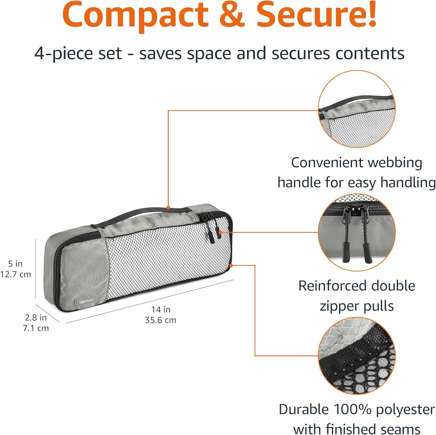 Amazon Basics Slim Packing Cubes for Travel, Packing Organizers, 4-Piece-Set With Double Zipper Pulls and Mesh Top Panel, 100% Durable Polyester, Gray, 14"L x 5"W x 3"H