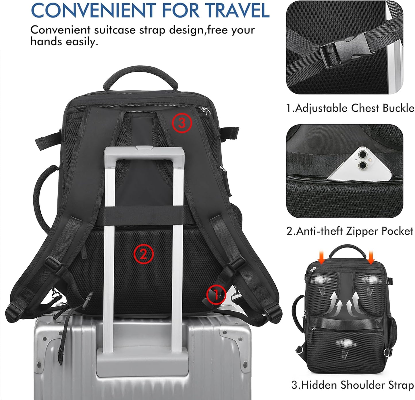 Beraliy Travel Backpack for Men Women, Large Carry On Backpack, Personal Item Bag Airline Approved, 17 inch Laptop Backpack, Business Work Gym Weekender Bag, Black