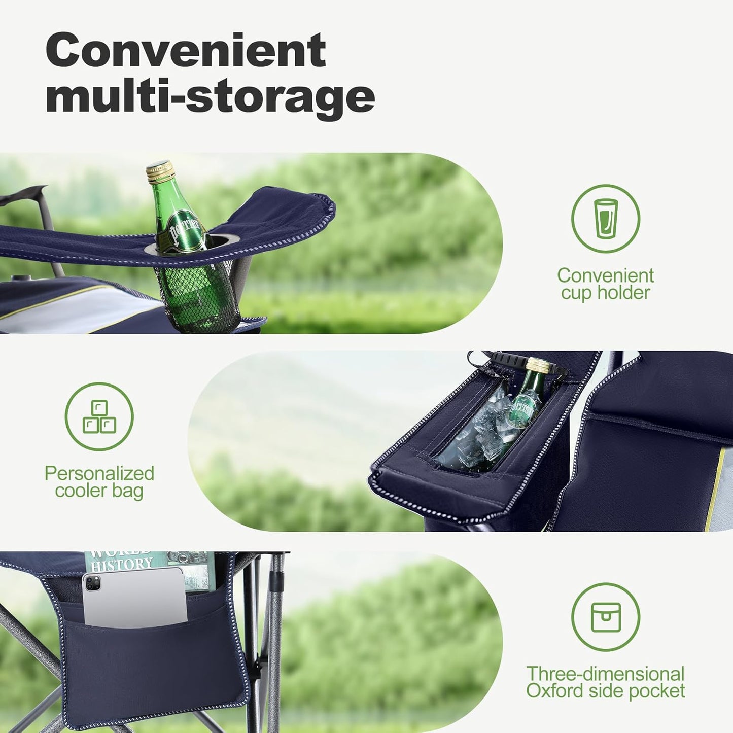 LET'S CAMP Oversized Folding Camping Chair Portable Outdoor Heavy Duty Padded Chairs Lawn Chair with Cup Holder, Storage Pocket and Cooler Bag, Supports 450LBS, for Camp, Travel, Picnic,2 Pack(Blue)