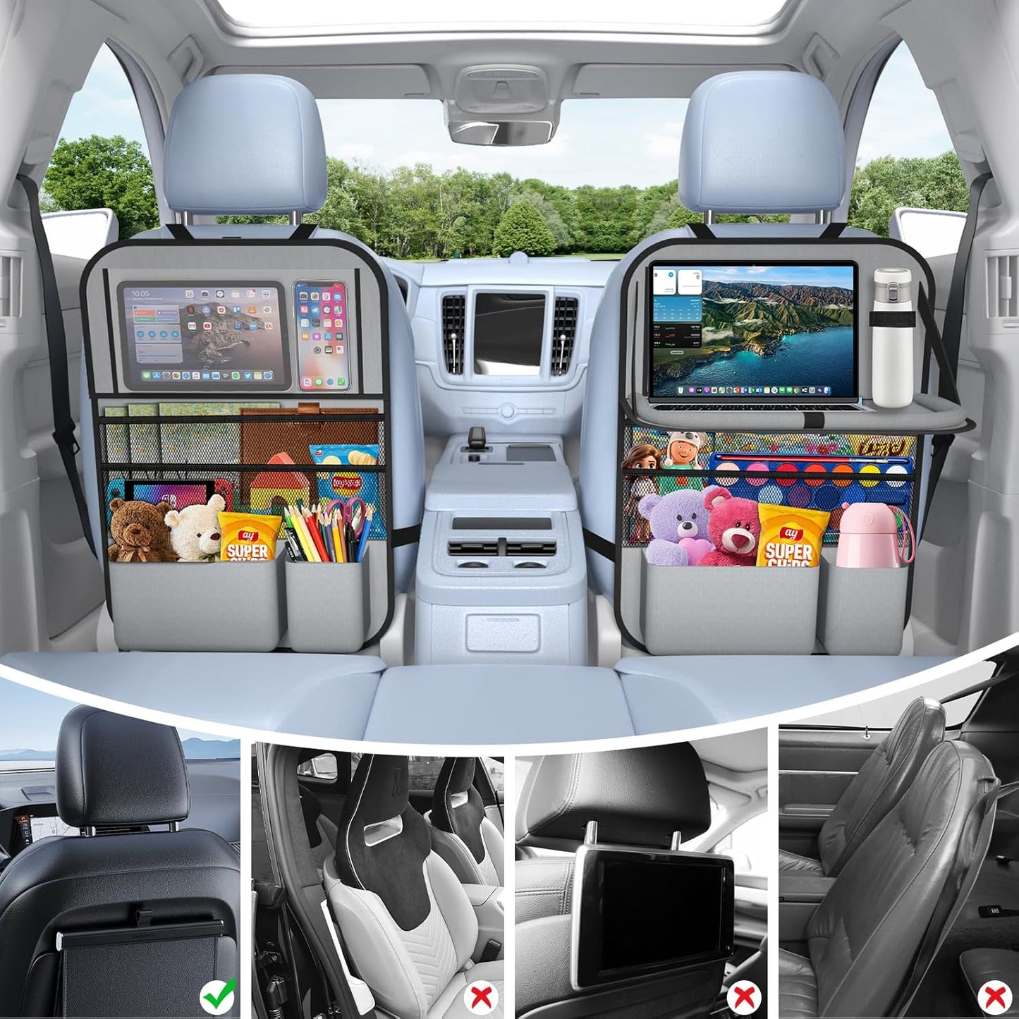 2PACK-Car Backseat Organizer with Touch Screen Tablet Holder,9 Storage Pockets Storage Organizer with Foldable Food Tray, Protector Kick Mats for Kids, Travel Accessories Organizer (Grey)
