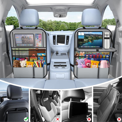 2PACK-Car Backseat Organizer with Touch Screen Tablet Holder,9 Storage Pockets Storage Organizer with Foldable Food Tray, Protector Kick Mats for Kids, Travel Accessories Organizer (Grey)