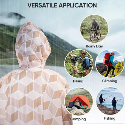 PTEROMY Hooded Rain Poncho for Adult with Pocket, Waterproof Lightweight Unisex Raincoat for Hiking Camping Emergency