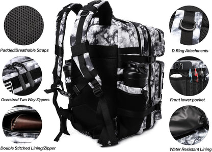 LHI Military Tactical Backpack for Men Molle Daypack 45L Army 3 Days Assault Pack Bag Large Rucksack With Bottle Holder Black and White(12*20*12)