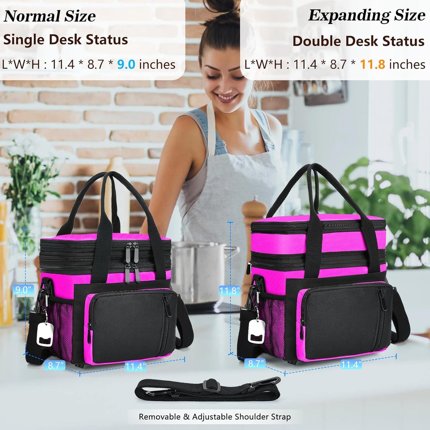 Insulated Lunch Bag Women | Large Adult Lunch Box | Double-Layer Reusable Lunch Bags | Leak-Proof Tote Cooler Bag for Work Picnic Outdoors | 16L, Hot Pink