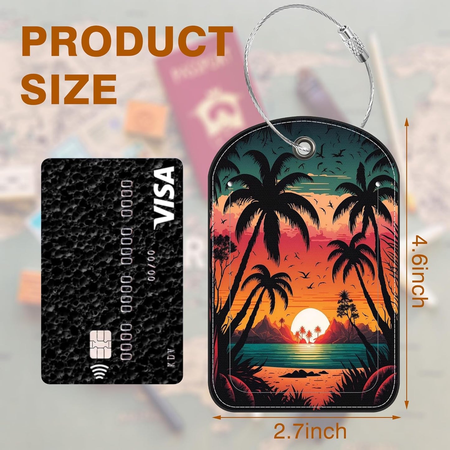 Sunset Mountain Lake Palm Tree Leather Luggage Tag for Suitcase 2 Pack Luggage Tag with Privacy Name ID Label and Stainless Steel Loop for Travel Bag Suitcase