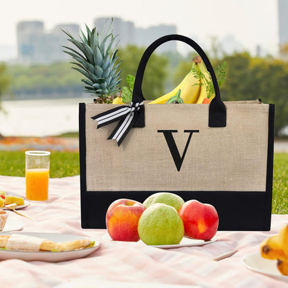 TOPDesign Initial Jute/Canvas Tote Bag, Personalized Present Bag, Suitable for Wedding, Birthday, Beach, Holiday, is a Great Gift for Women, Mom, Teachers, Friends, Bridesmaids (Letter V)