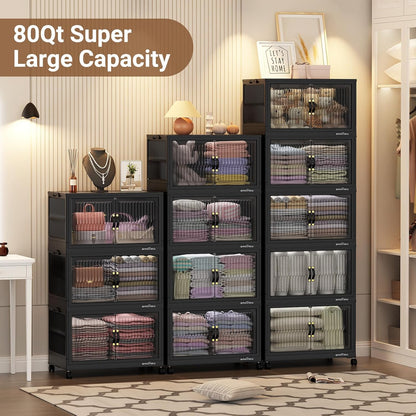 BROVIEW 320Qt Stackable Storage Bins with Lid, Extra Large Closet Organizer Collapsible Drawer Boxes with Wheels, Folding Plastic Cabinet Containers for Home Kitchen Room Organization, 4Pack Black