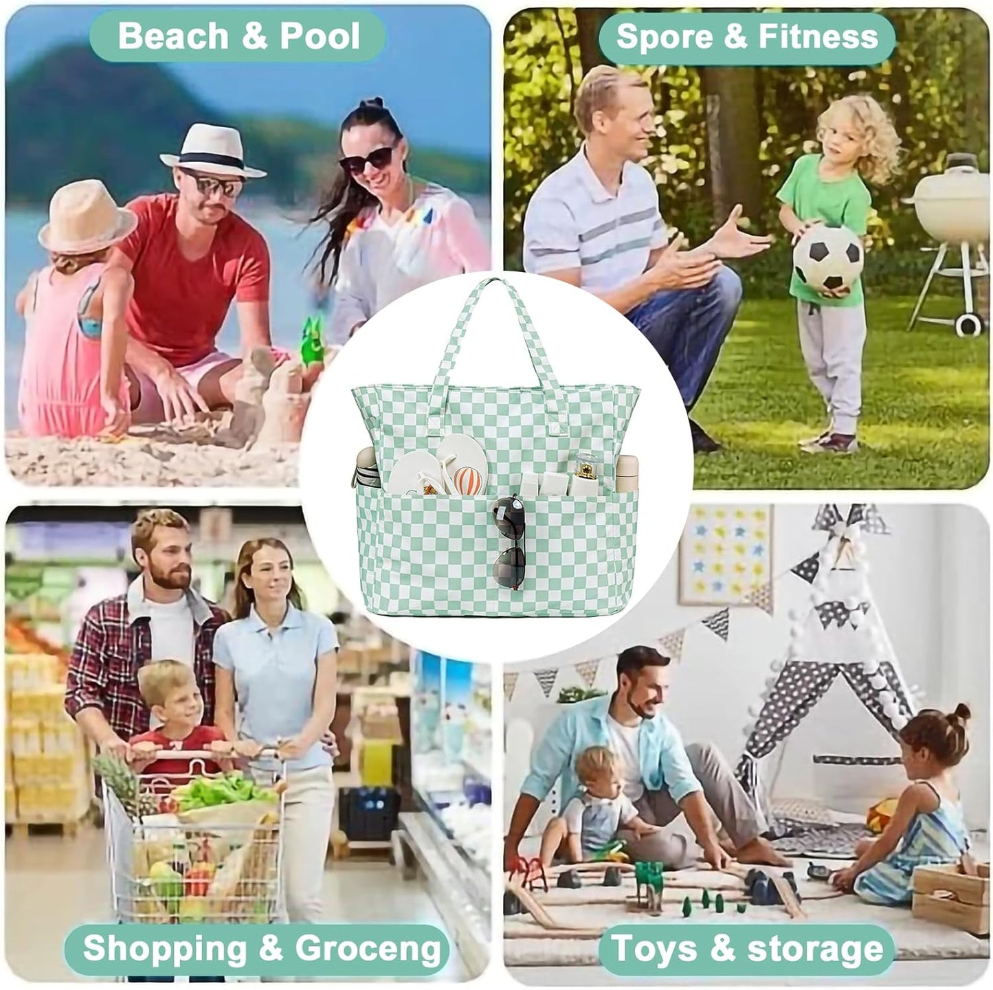 CAMTOP Waterproof Beach Tote Bag for Women Girls with Zipper Foldable Sandproof Pool Swim Bag Travel Carry On Gym