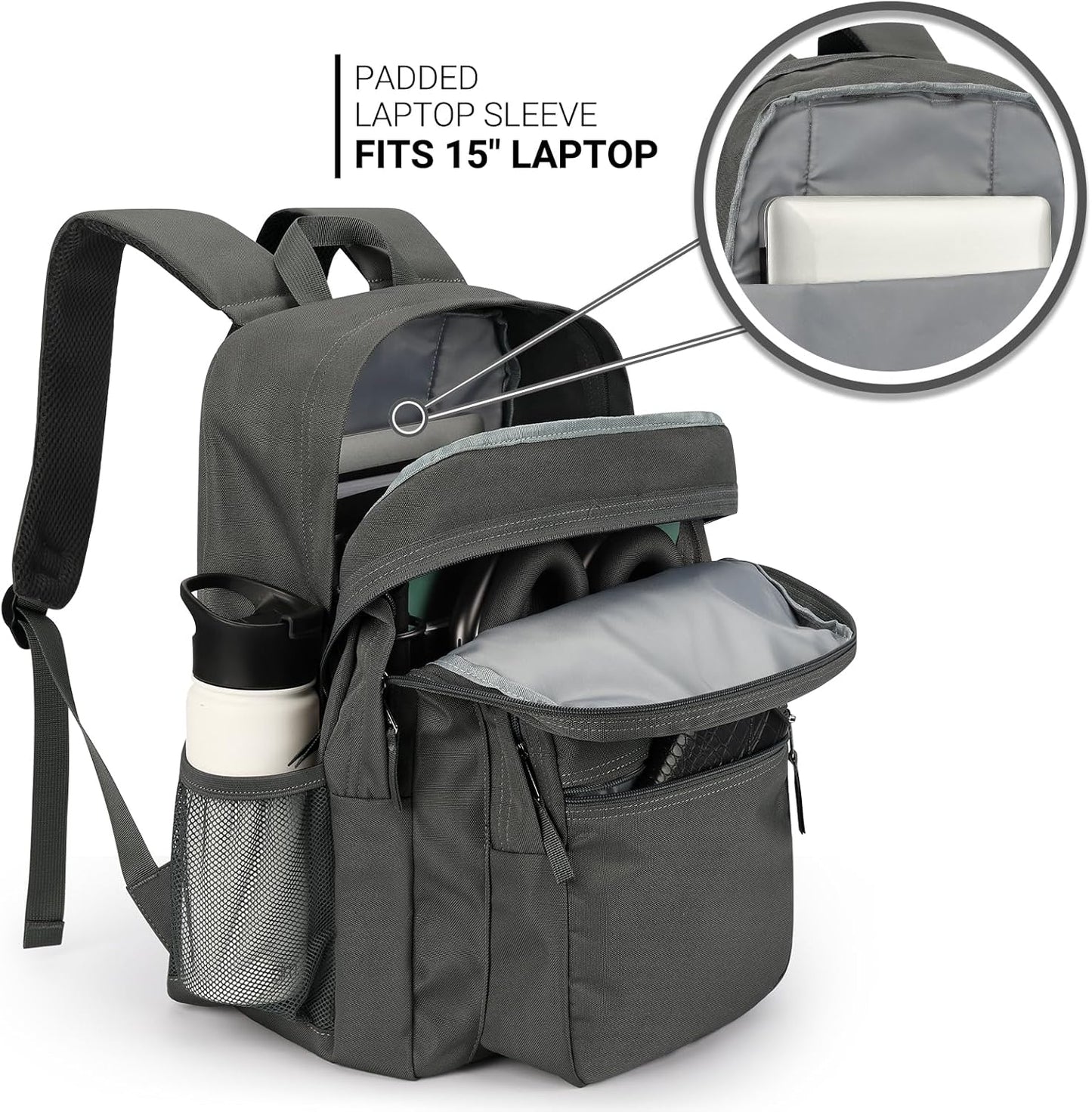 ZORFIN 26L Backpack for College, and Travel: Water Resistant Bookbag - Forge Grey