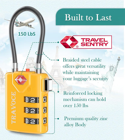 Search Alert TSA Approved Travel Combination Luggage Cable Locks for Suitcase, Gym Locker,Toolbox,Backpack 1,2,4,6 &10 pk (Yellow 4 Pack)