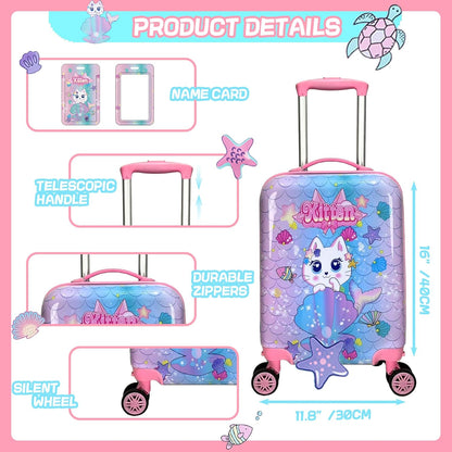 Cute Cat Kid’s Luggage Set 5 Piece Suitcase Set 16’’ Hardside Luggage with Spinner Wheels Girls Boys Carry on Toddler Luggage Travel Rolling Luggage Airline Approved