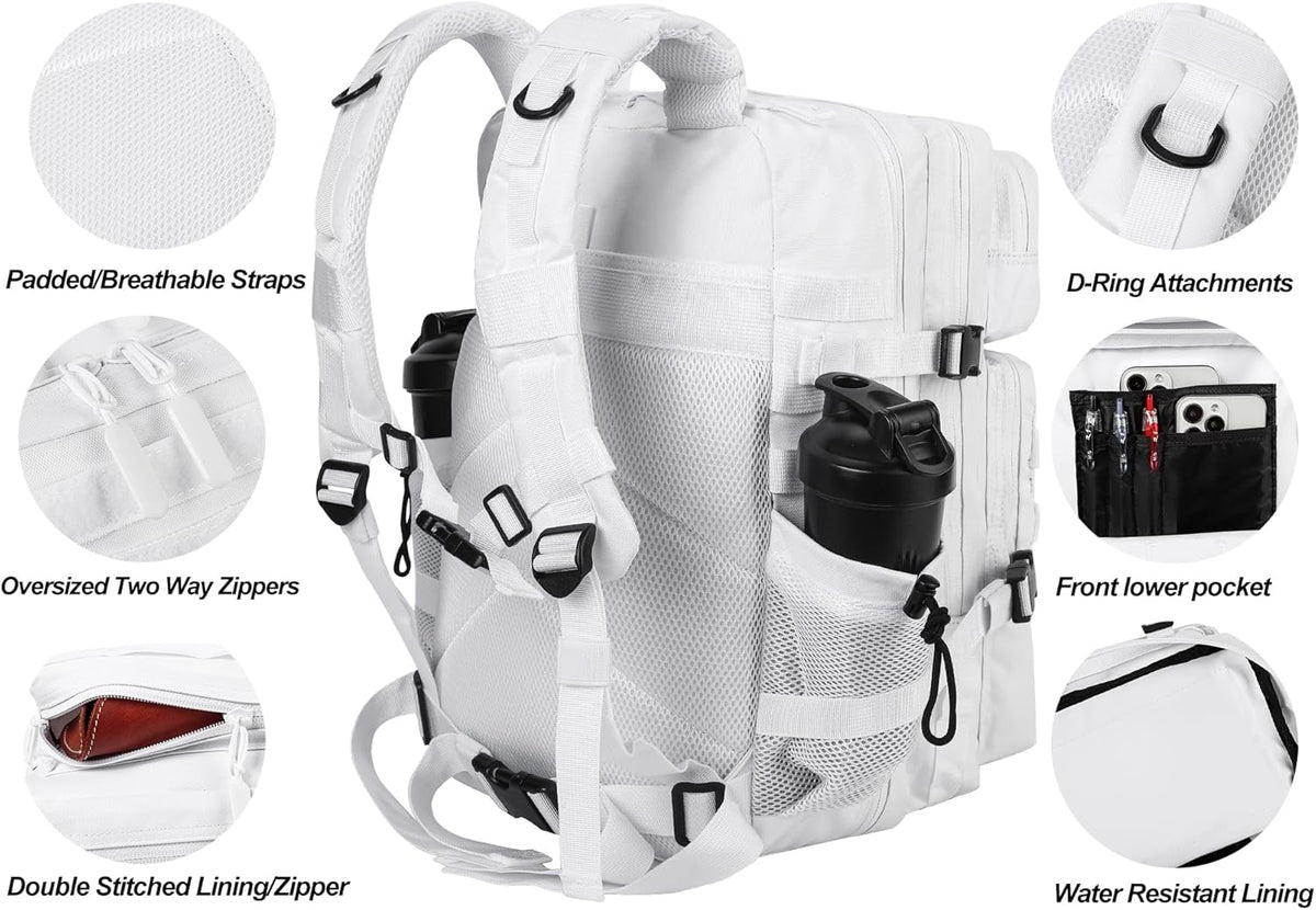 LHI Military Tactical Backpack for Men and Women 45L Army 3 Days Assault Pack Bag Large Rucksack with Molle System - White