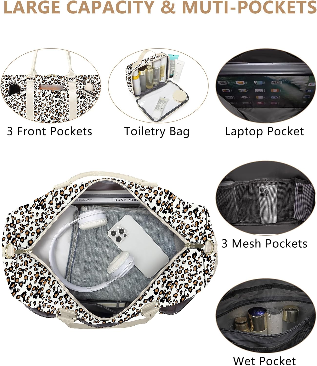 Women Duffle Weekender Travel Bag: Large Duffel Bags with Shoe Compartment Carry On Overnight Tote Bag with Wet Pocket Toiletry Bag Traveling Weekend Gym Yoga Hospital Bags for Womens Leopard