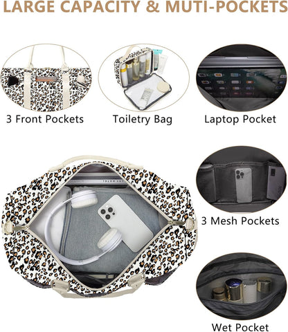 Women Duffle Weekender Travel Bag: Large Duffel Bags with Shoe Compartment Carry On Overnight Tote Bag with Wet Pocket Toiletry Bag Traveling Weekend Gym Yoga Hospital Bags for Womens Leopard