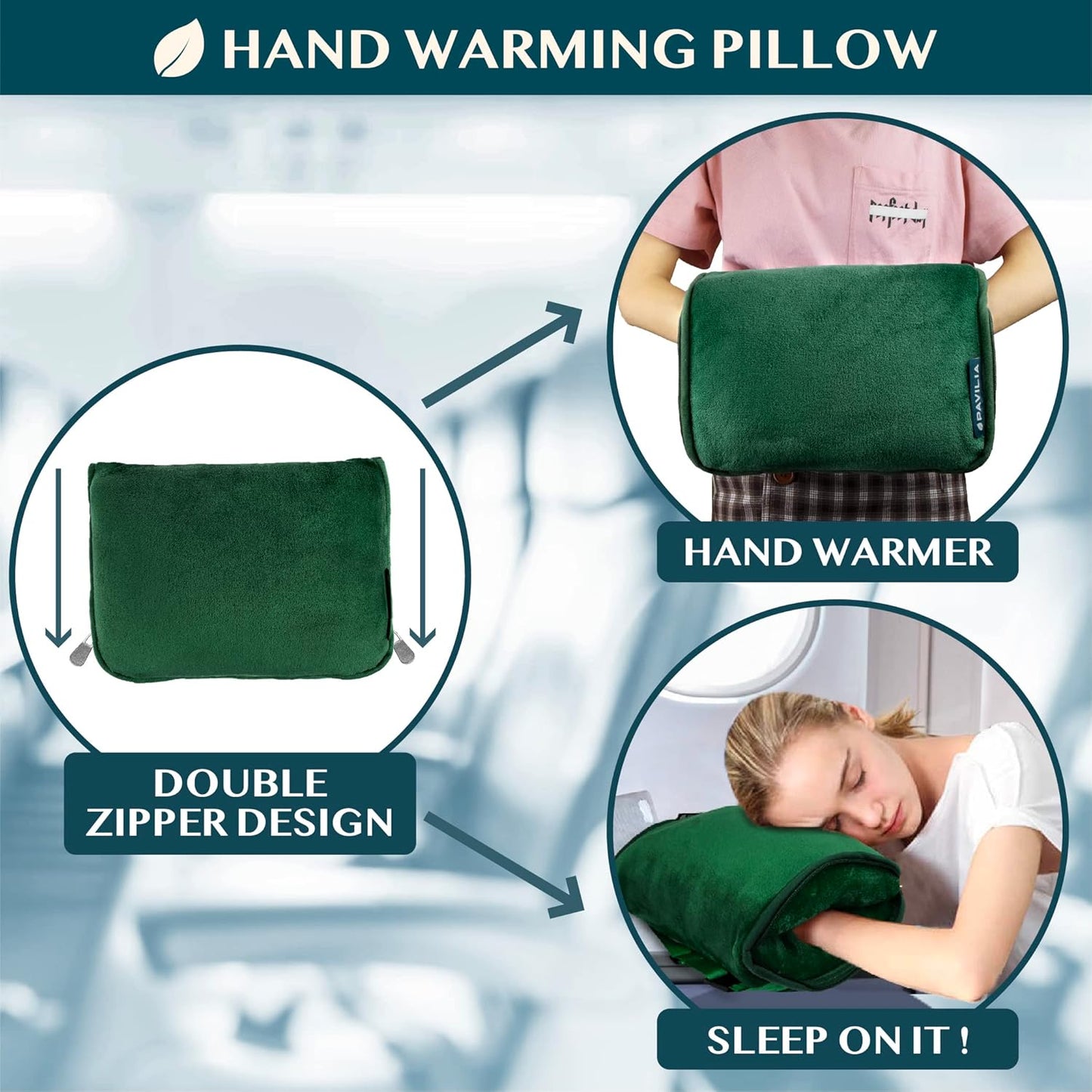 PAVILIA Travel Blanket Pillow, Soft Airplane Blanket 2-in-1 Combo Set, Plane Blanket Compact Packable, Flight Essentials Car Pillow, Travelers Gifts Accessories, Luggage Backpack Strap, 60x43 Green